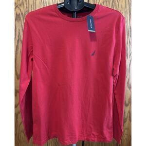 Men's Medium Nautica Long Sleeve T-shirt Crew Neck Cotton Bright Red Layering